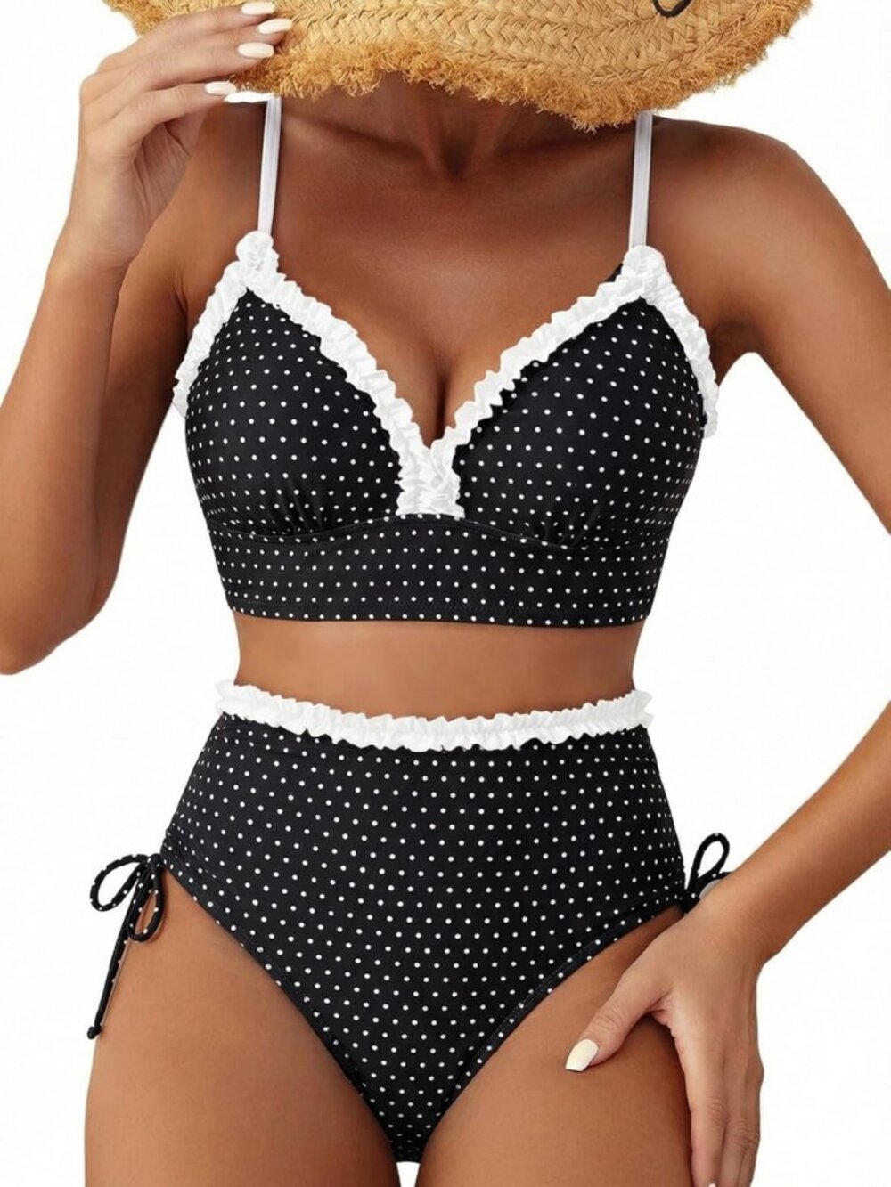 High Waisted Ruffle Trim Bikini Set | Splice Tie Side Swimsuit for Women